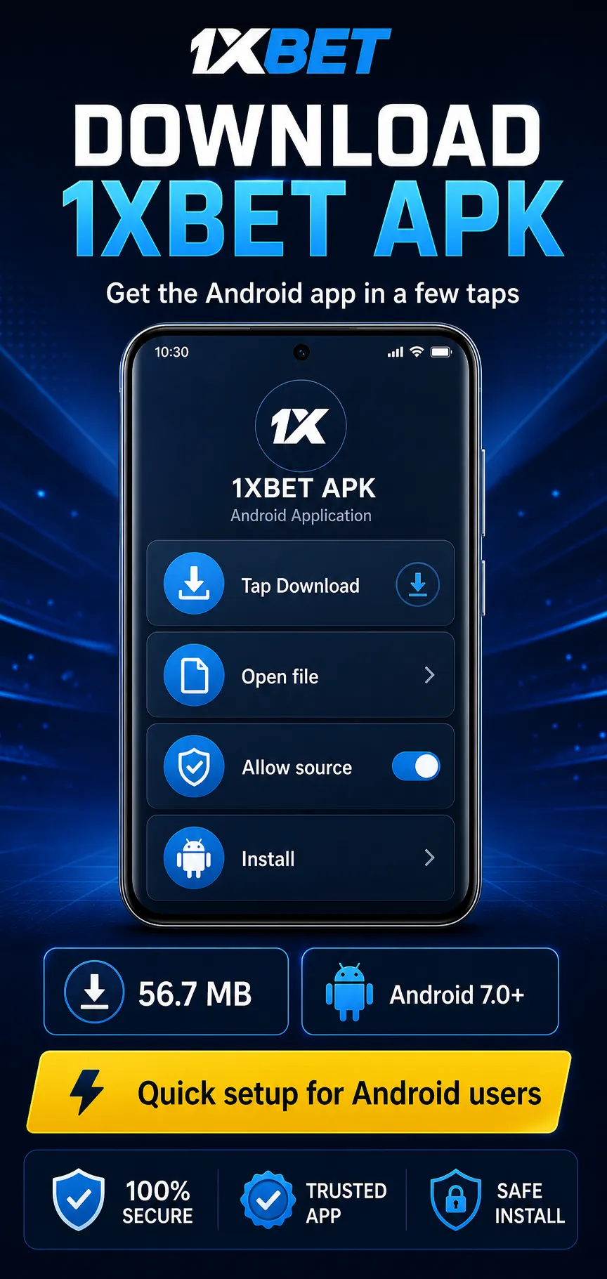 1xBet APK Android download infographic with the file 1xbet.apk, 44.9 MB size, a clear source, a private link to avoid and a reminder that iPhone does not use APK